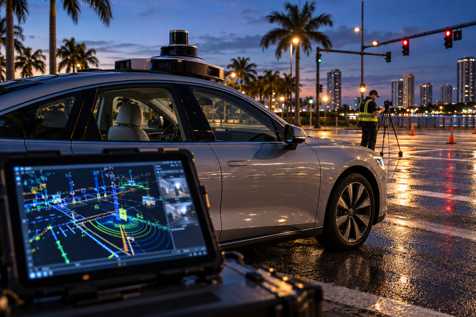 A modern unbranded autonomous sedan stationary at a Florida intersection at blue hour, empty driver's seat visible through the side window, roof lidar unit, investigator in the background documenting the scene and a tablet in the foreground showing abstract sensor traces