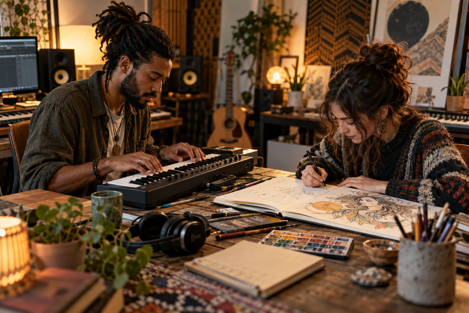 Two creative professionals working together at a recording and illustration studio table, one composing at a small music keyboard while the other sketches an original cover illustration, a shared open notebook between them