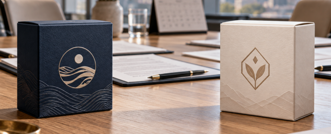 Two distinct unbranded product packages with different original geometric brand symbols facing each other across a light oak conference table, trademark paperwork and a calendar page softly blurred behind