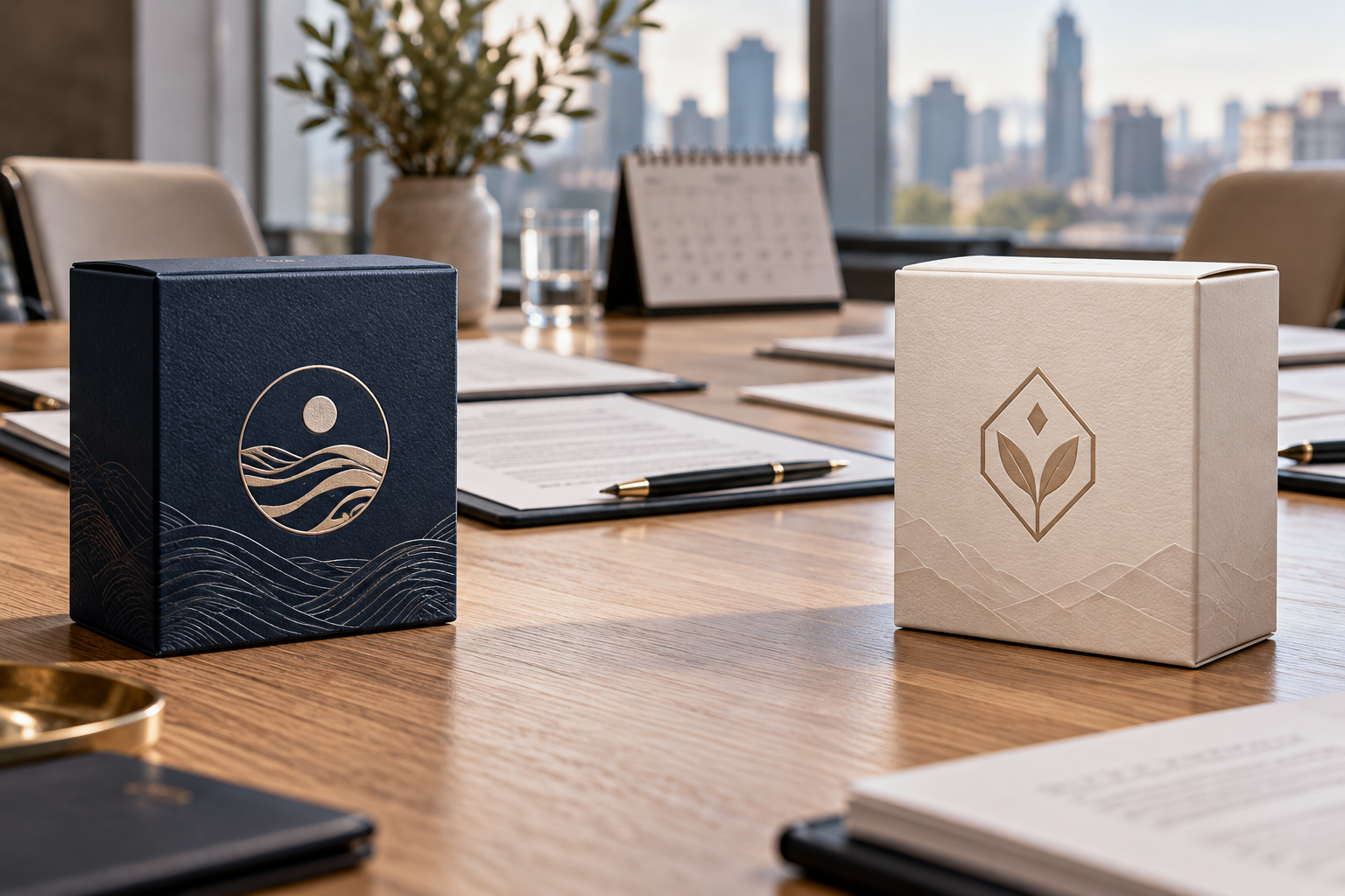 Two distinct unbranded product packages with different original geometric brand symbols facing each other across a light oak conference table, trademark paperwork and a calendar page softly blurred behind