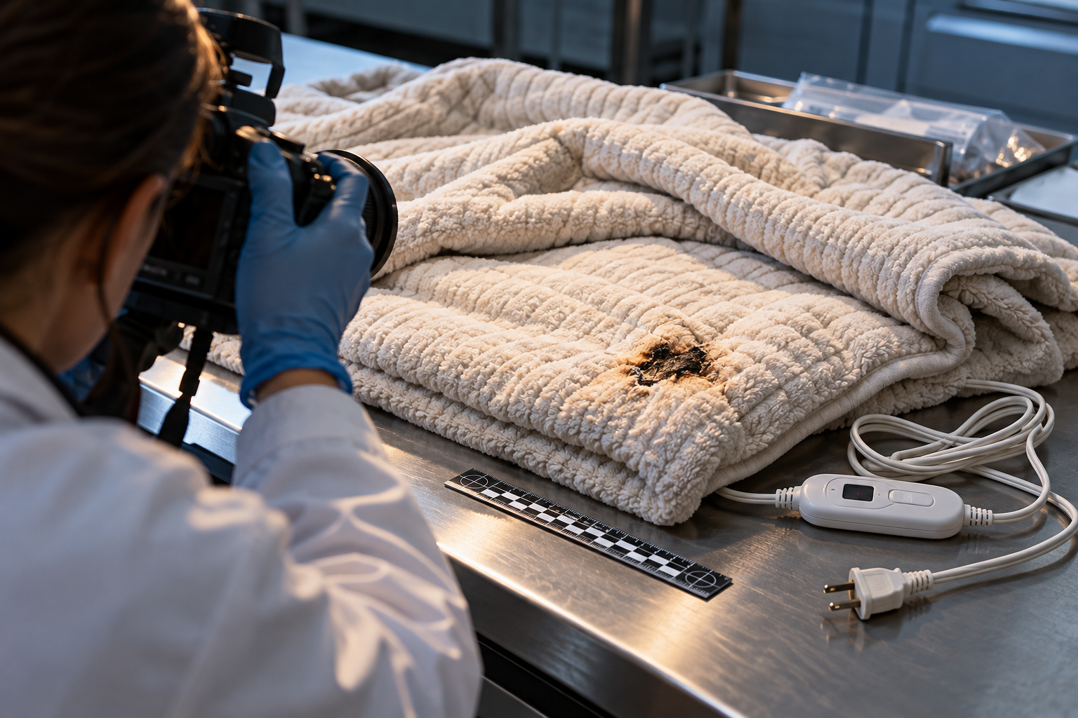 A disconnected heated blanket with one small visibly scorched patch carefully resting on a nonflammable clean inspection table, unplugged power cord and controller visible, gloved investigator documenting it with a camera