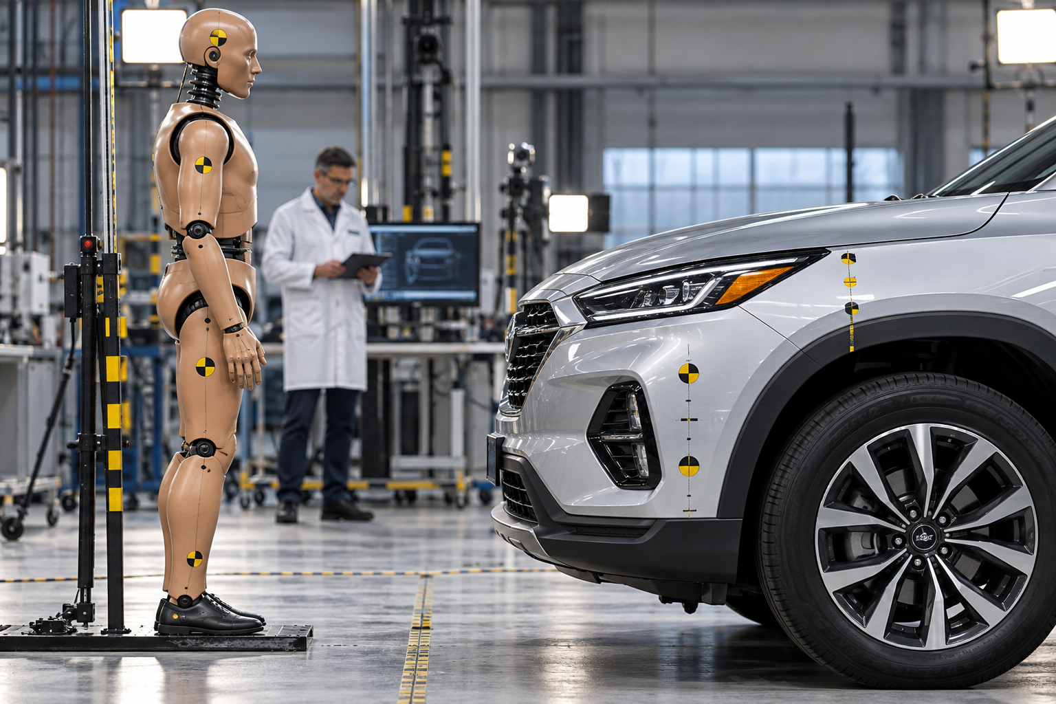 Side-angle engineering safety laboratory with a stationary modern SUV front end and an adult pedestrian crash-test dummy positioned safely nearby for evaluation, hood and bumper geometry clearly visible, precision measuring markers and engineer in background