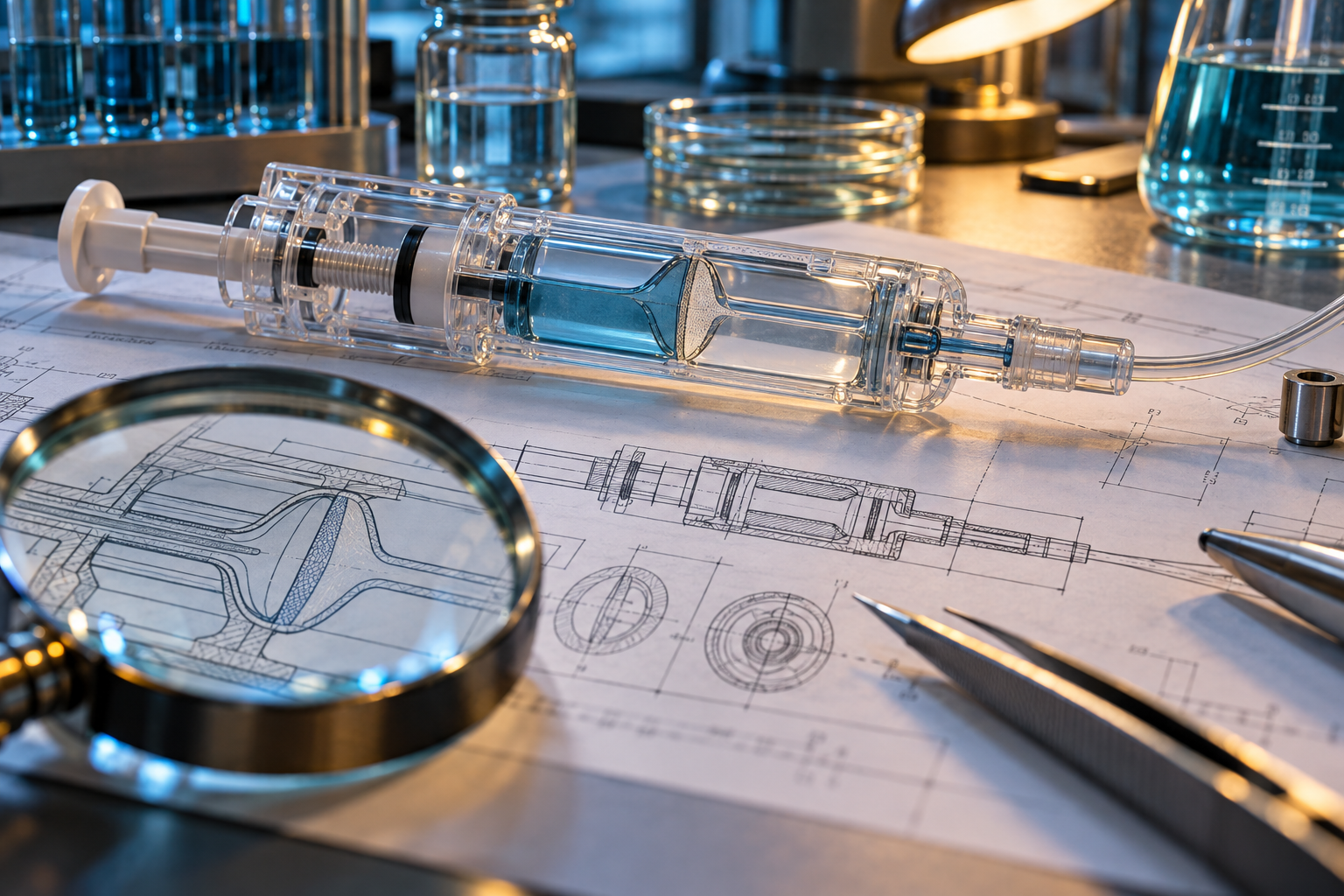 A transparent cutaway gel-delivery prototype and precise technical drawings on a scientist's inspection bench, with a sharply defined thin internal flow barrier visible in the device, magnifying lens and laboratory glassware
