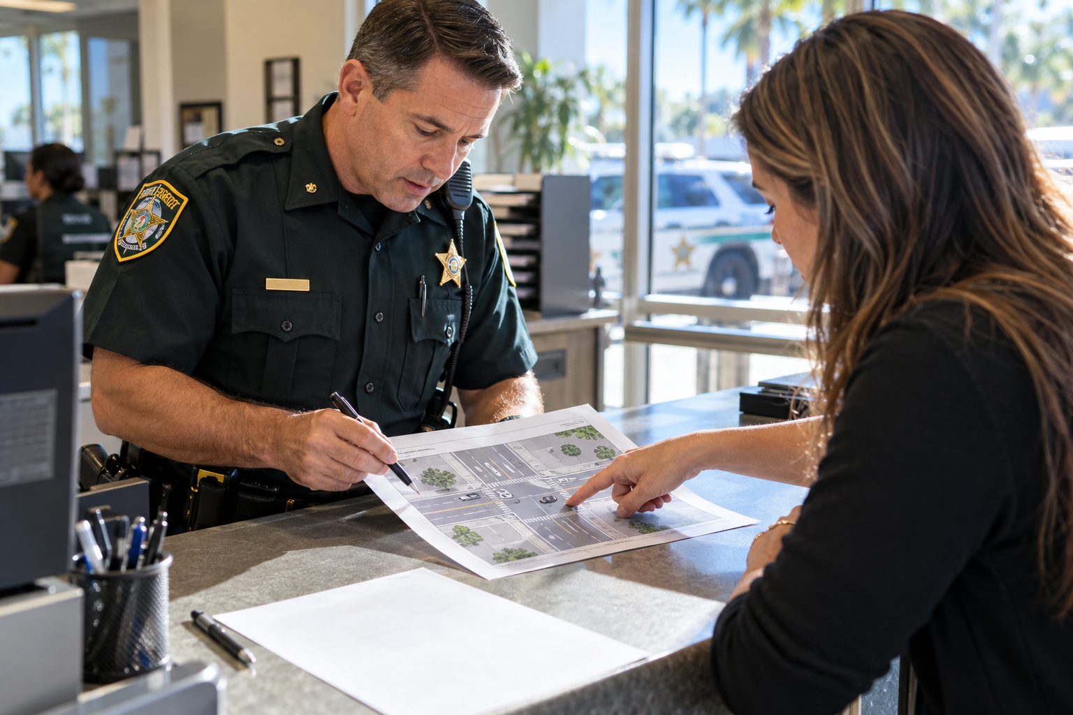 Close editorial scene of a Florida crash investigator reviewing a printed intersection diagram at a police records counter with a citizen pointing to a specific factual detail; pens, a clean supplemental page and a blurred patrol car outside