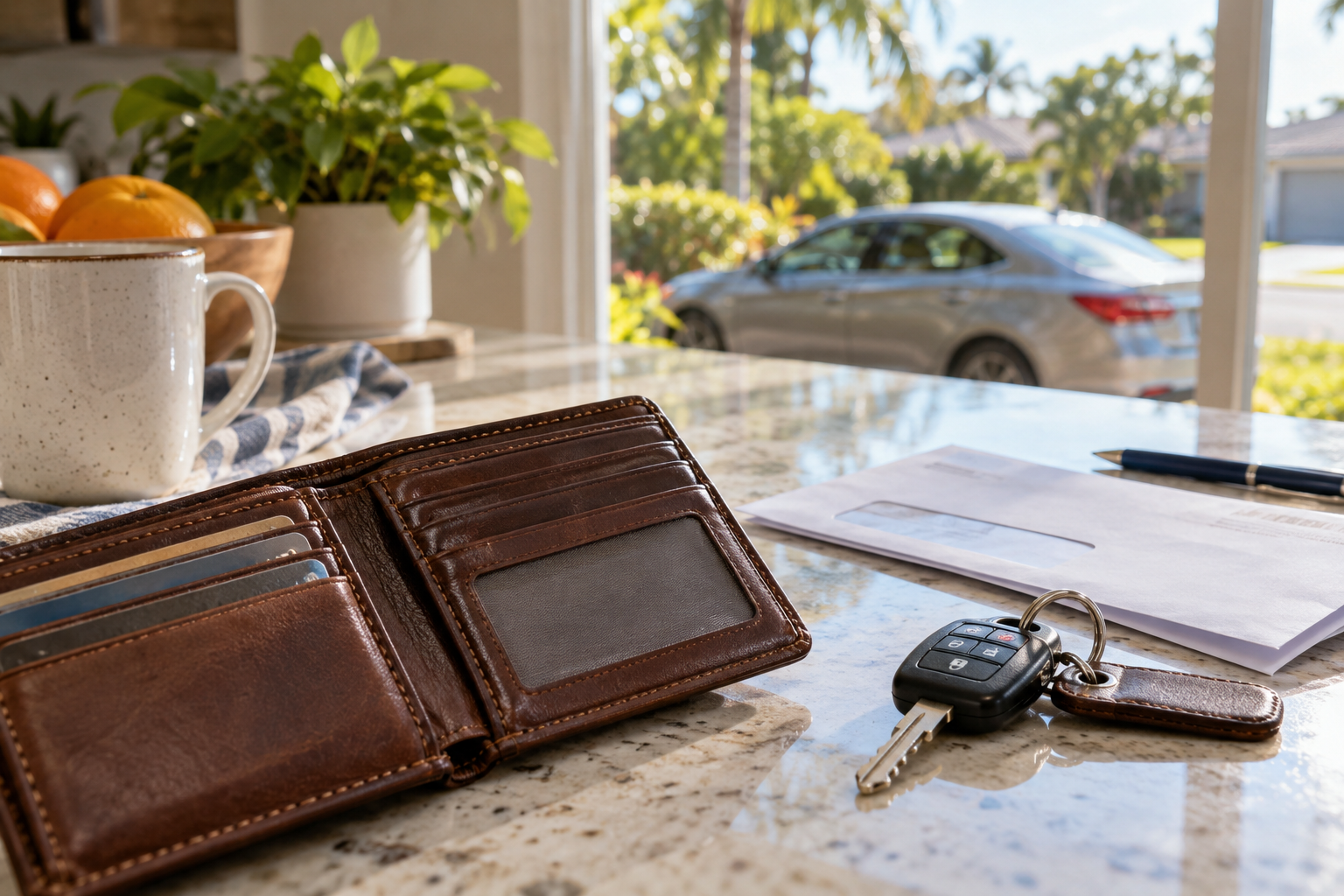 A driver's wallet open on a kitchen counter with an empty license card slot, car keys and a replacement-application envelope nearby, a parked sedan visible through a bright Florida window