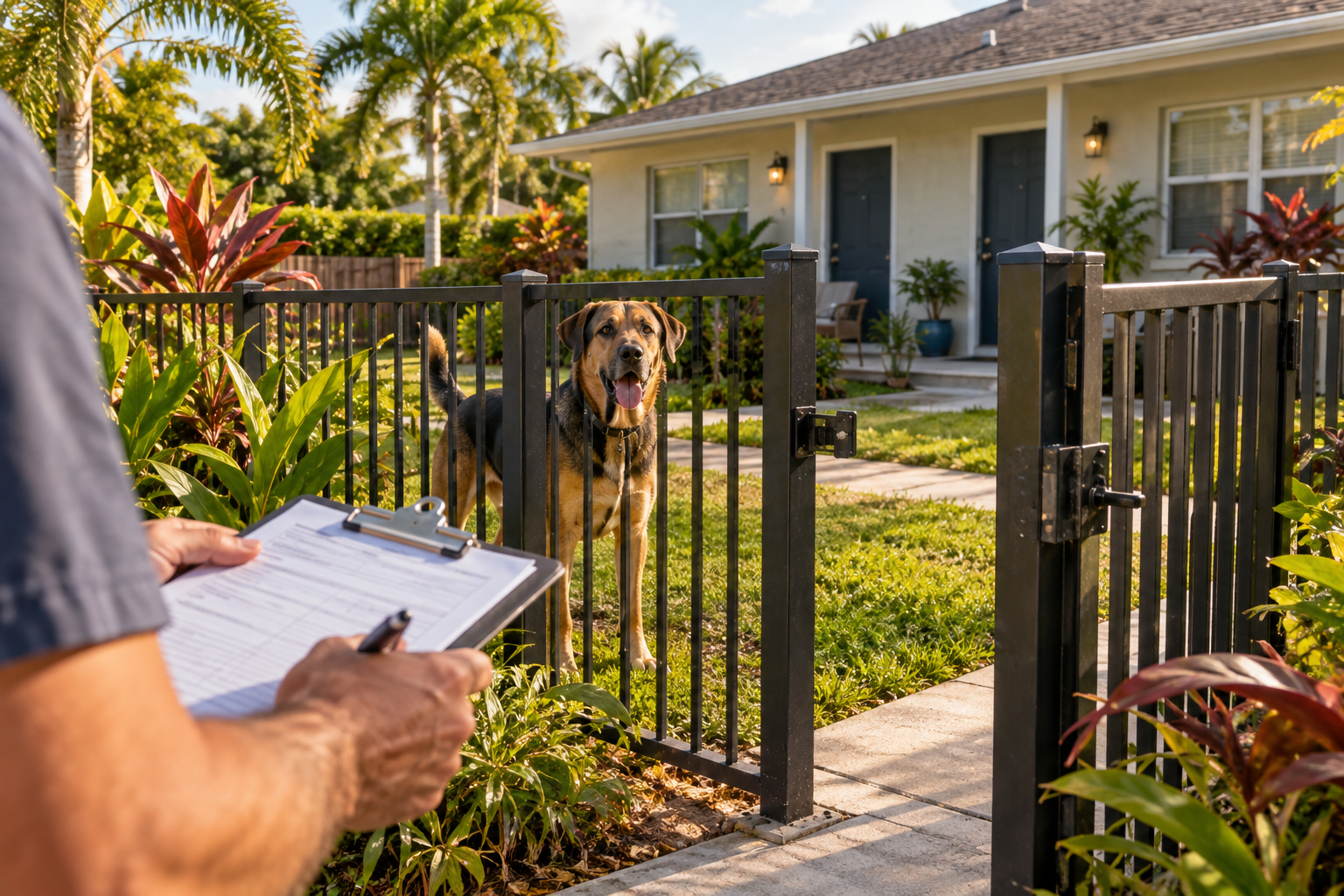 A large alert dog safely behind a residential fence with an unlatched-looking gate visible, a rental duplex and property inspection clipboard in foreground