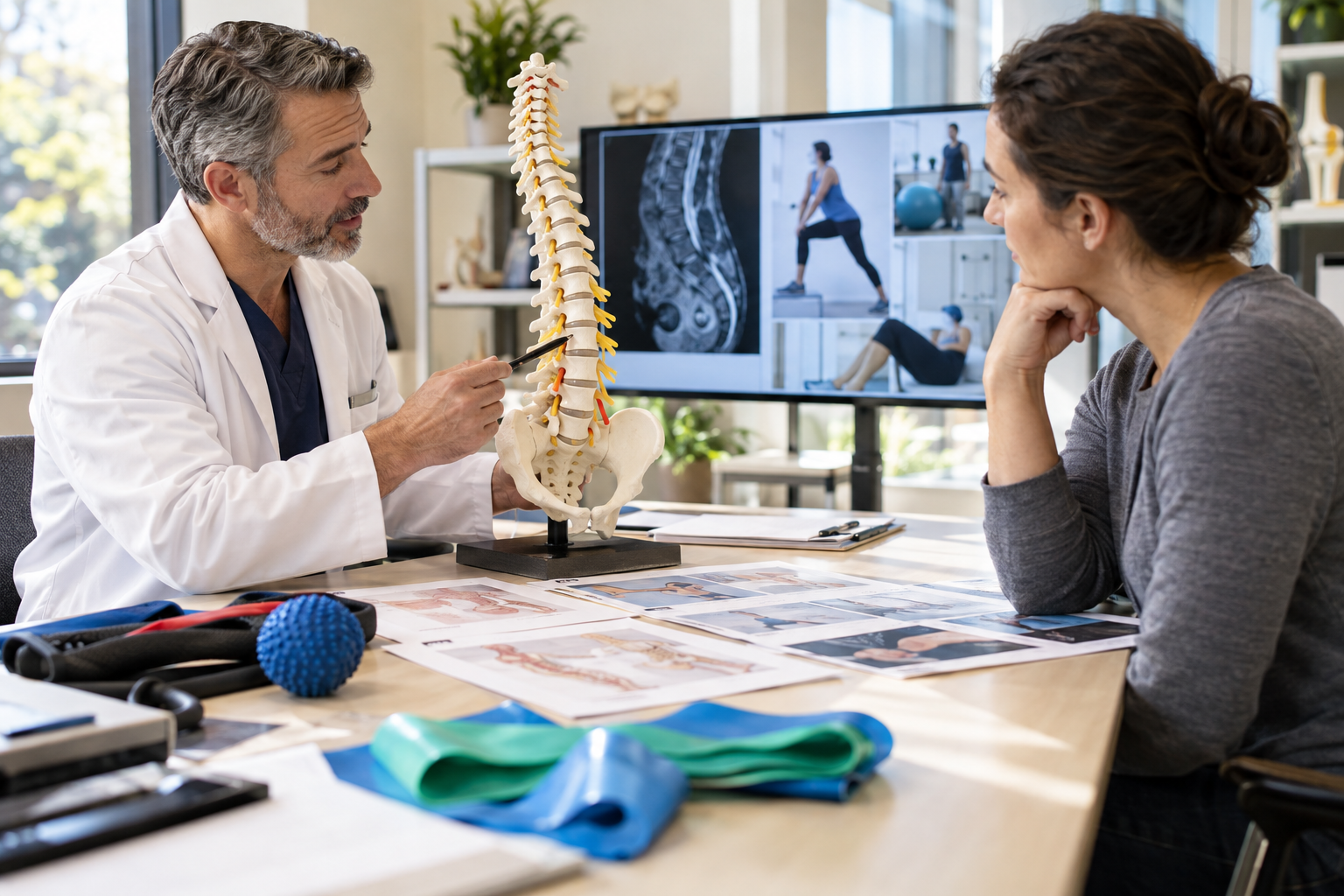 A physician and adult patient at a rehabilitation planning consultation, detailed spine model, therapy bands and medical planning pages laid out on a desk, future treatment options on a soft-focus monitor
