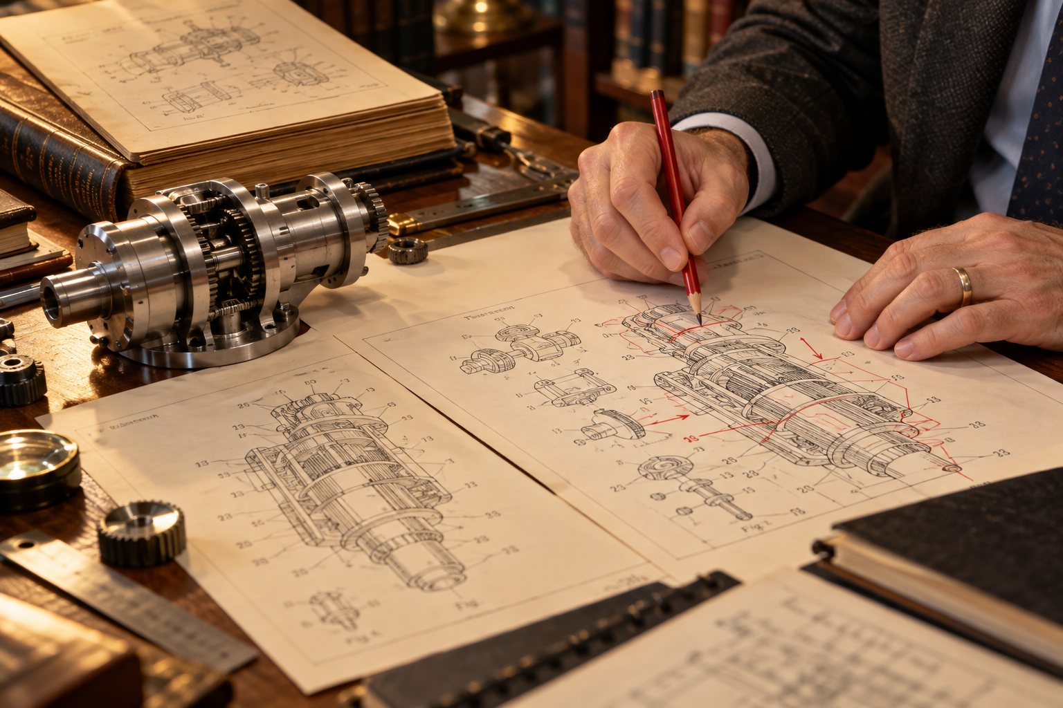A patent attorney's close-up hands carefully revising a technical drawing with a precise red pencil beside a polished mechanical prototype and an older bound patent document; corrected drawing layered beside original on cream drafting paper