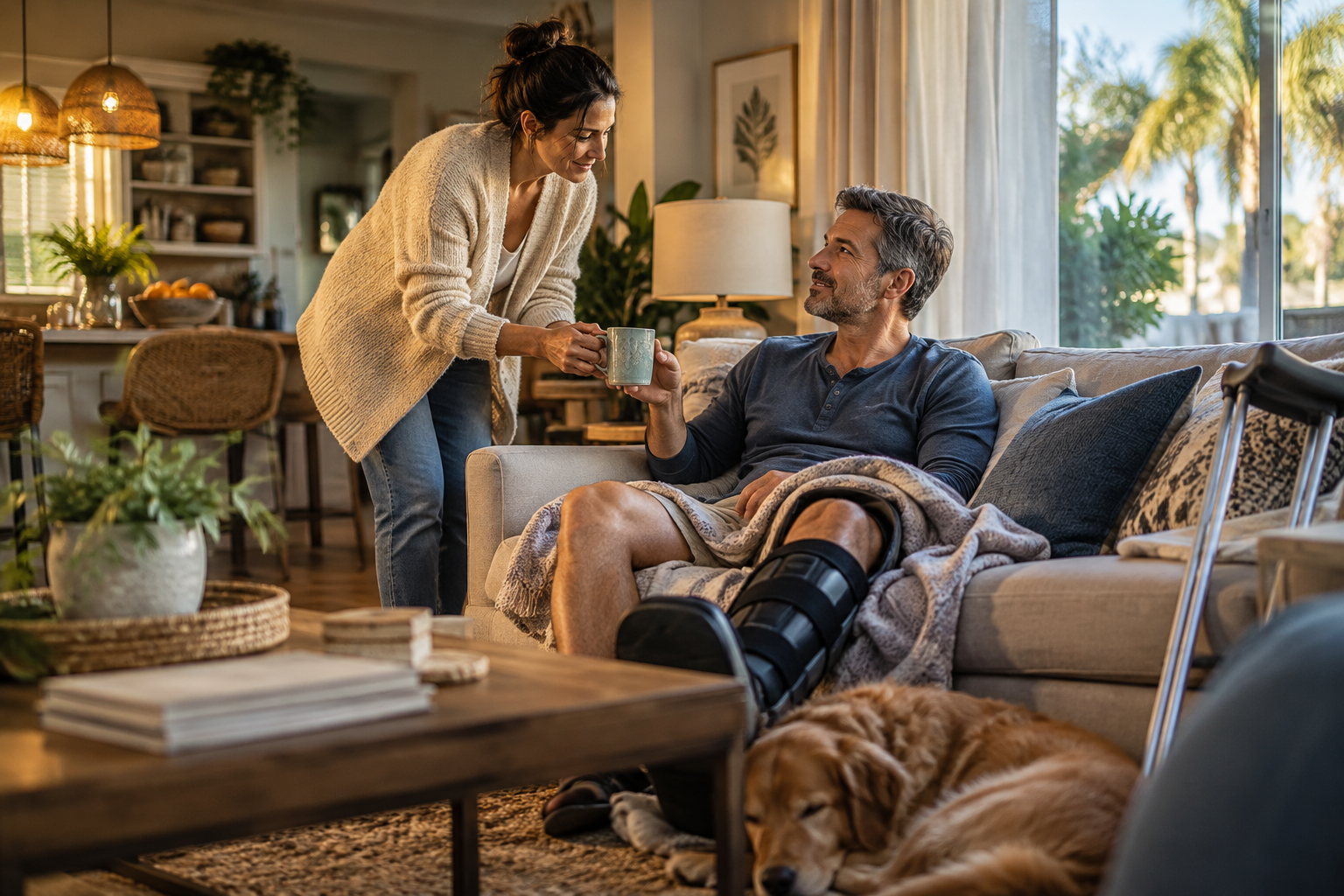 An adult couple at home after an injury, one spouse with a leg brace seated on the sofa, the other gently helping with a cup of tea and household tasks; candid warm intimacy without posing at camera