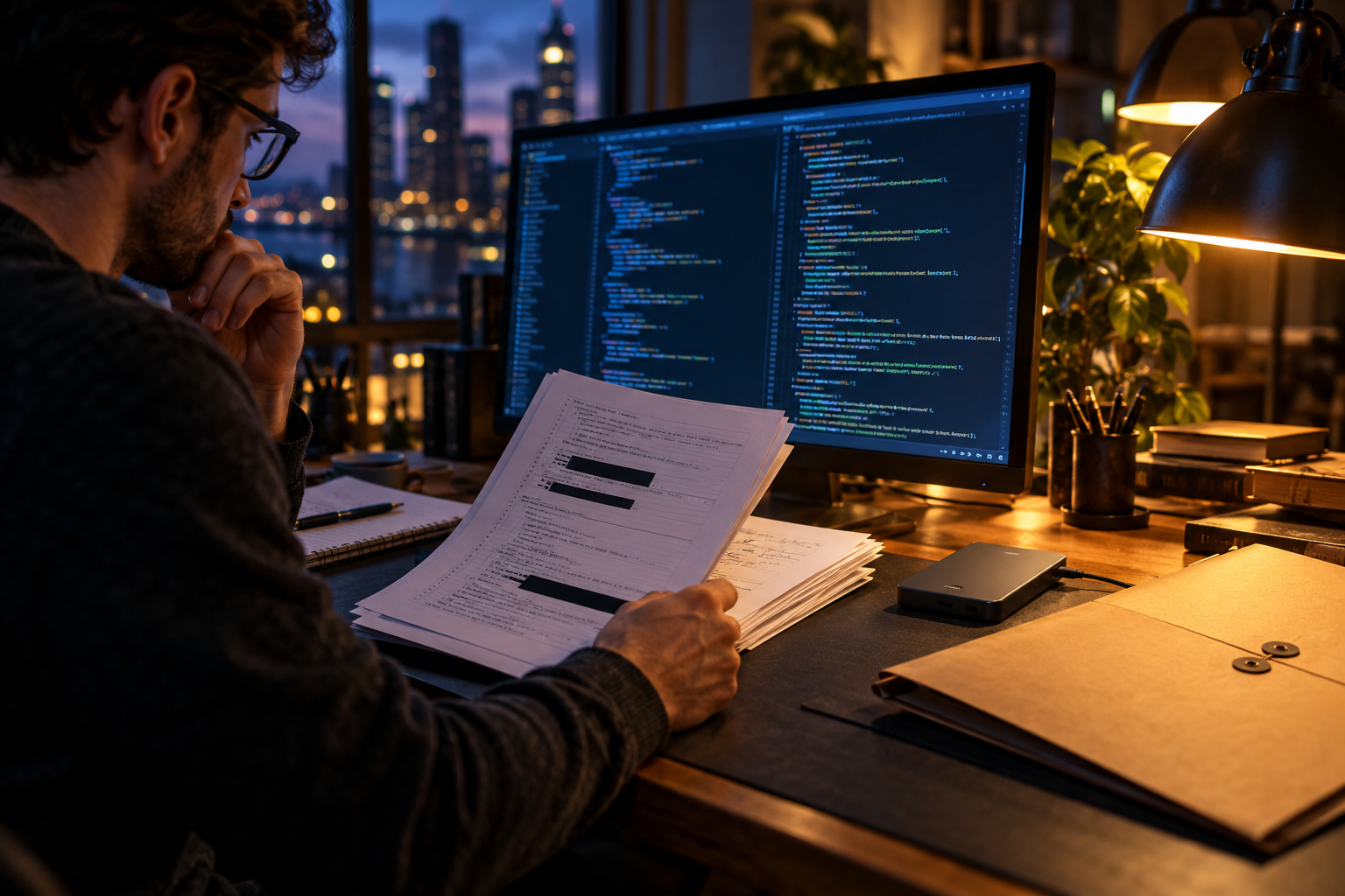 A software developer's desk with a monitor showing abstract source-code lines, a paper code deposit with a few black redaction bars, a small external drive and a closed confidential folder