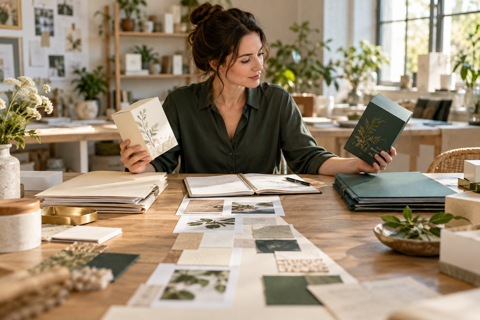 A boutique founder at a product naming desk comparing two elegant original package designs with a notebook and two separate application folders, a subtle forked path of paper samples across a bright studio table