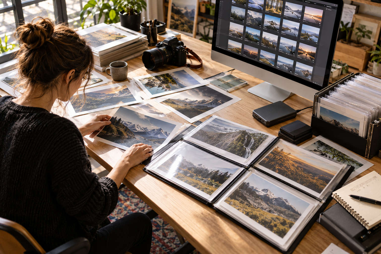 A professional photographer's light-filled editing studio with a camera and contact sheets of varied original landscapes on a broad worktable, orderly numbered photo thumbnails visible on a monitor, archival sleeves and an external hard drive