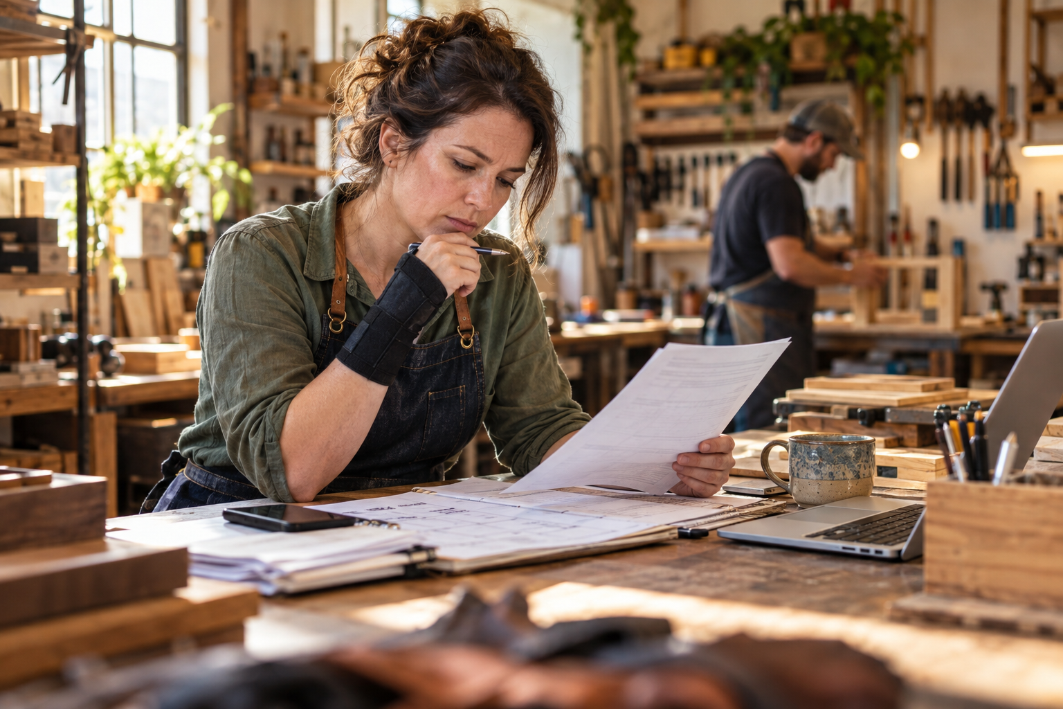 A self-employed small-shop owner with a wrist brace reviews business invoices and appointment calendar at a real workshop counter, tools and unfinished orders in the softly blurred shop behind, one employee continuing work