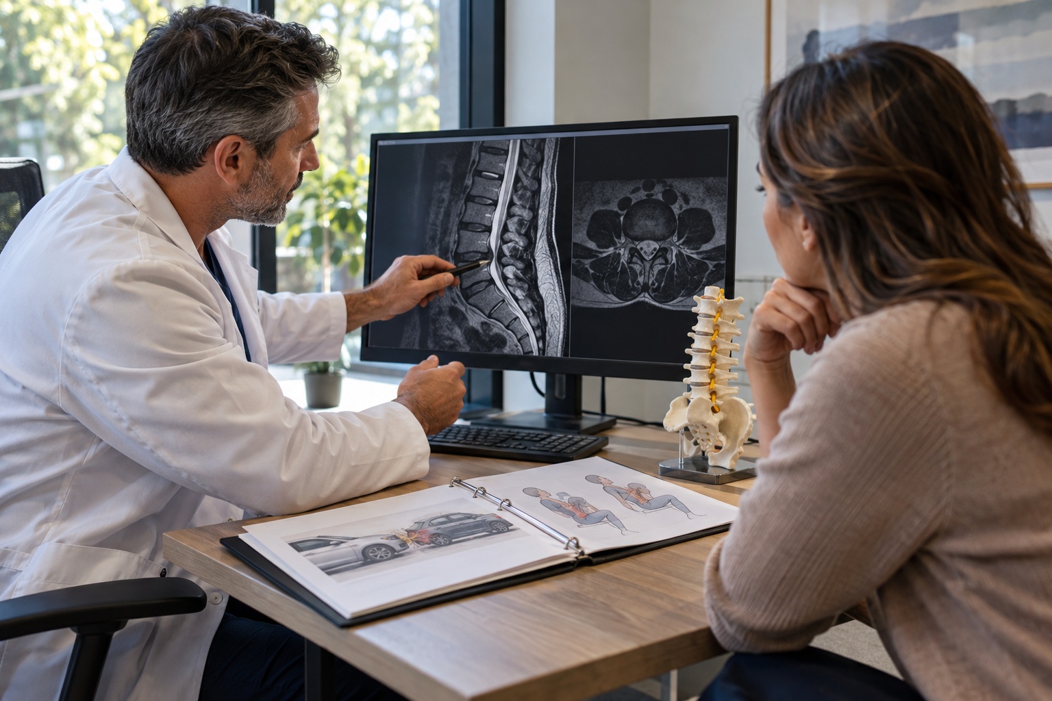 A clinician reviewing a lumbar MRI with an adult patient in a modern consultation room, spine model on a desk and a modest car-crash history diagram in a patient folder
