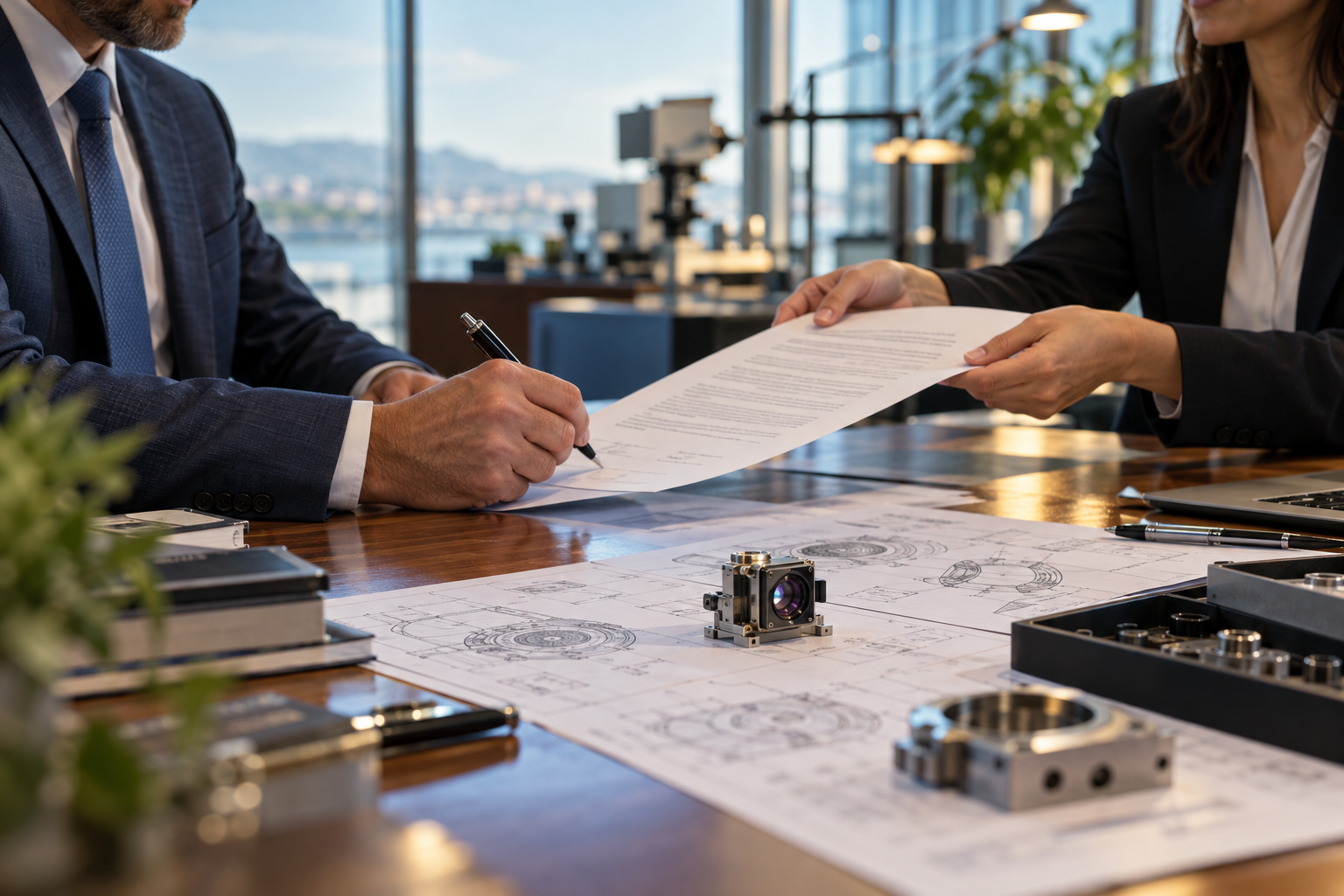 Macro scene of two business representatives signing a patent assignment at a sleek engineering company, a tiny advanced optical sensor prototype and its technical drawings on the table, one signed document moving between their hands