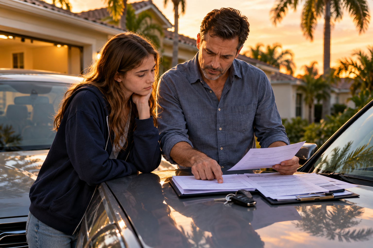 A teen driver and parent standing beside a stationary family sedan in a Florida driveway, adult reviewing insurance and licensing paperwork on the hood while the teen listens, car keys visible between them