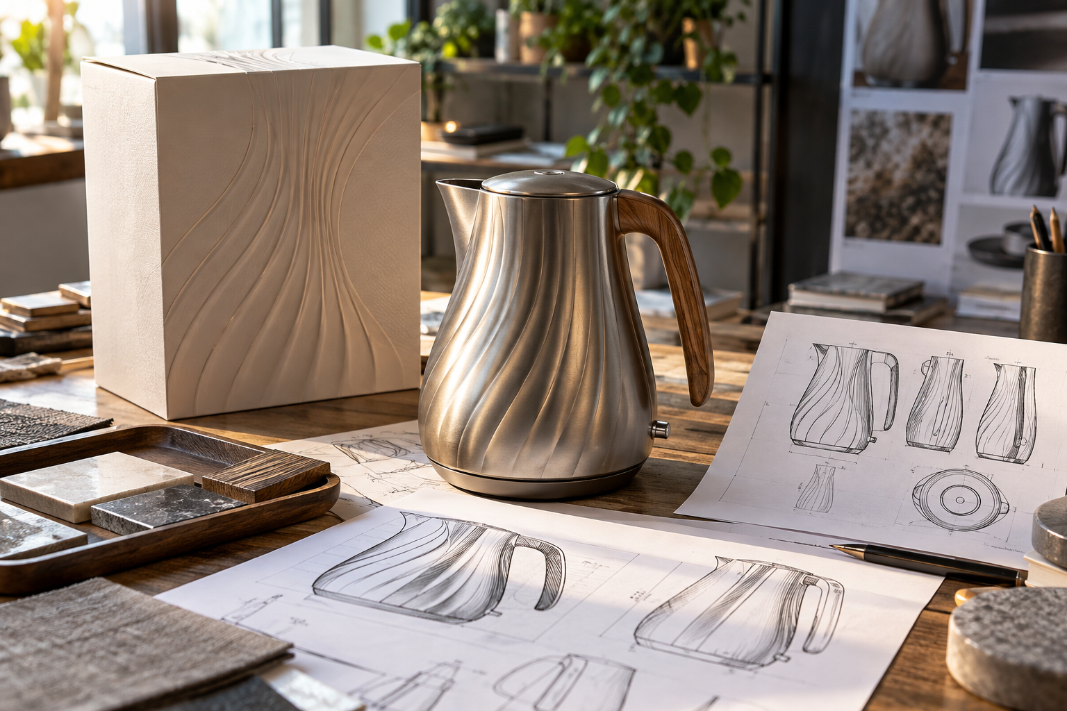 A sculptural unbranded electric kettle, an original embossed product package and black-and-white ornamental patent drawings arranged on a designer's studio table; comparison of distinctive silhouette, packaging and protected appearance