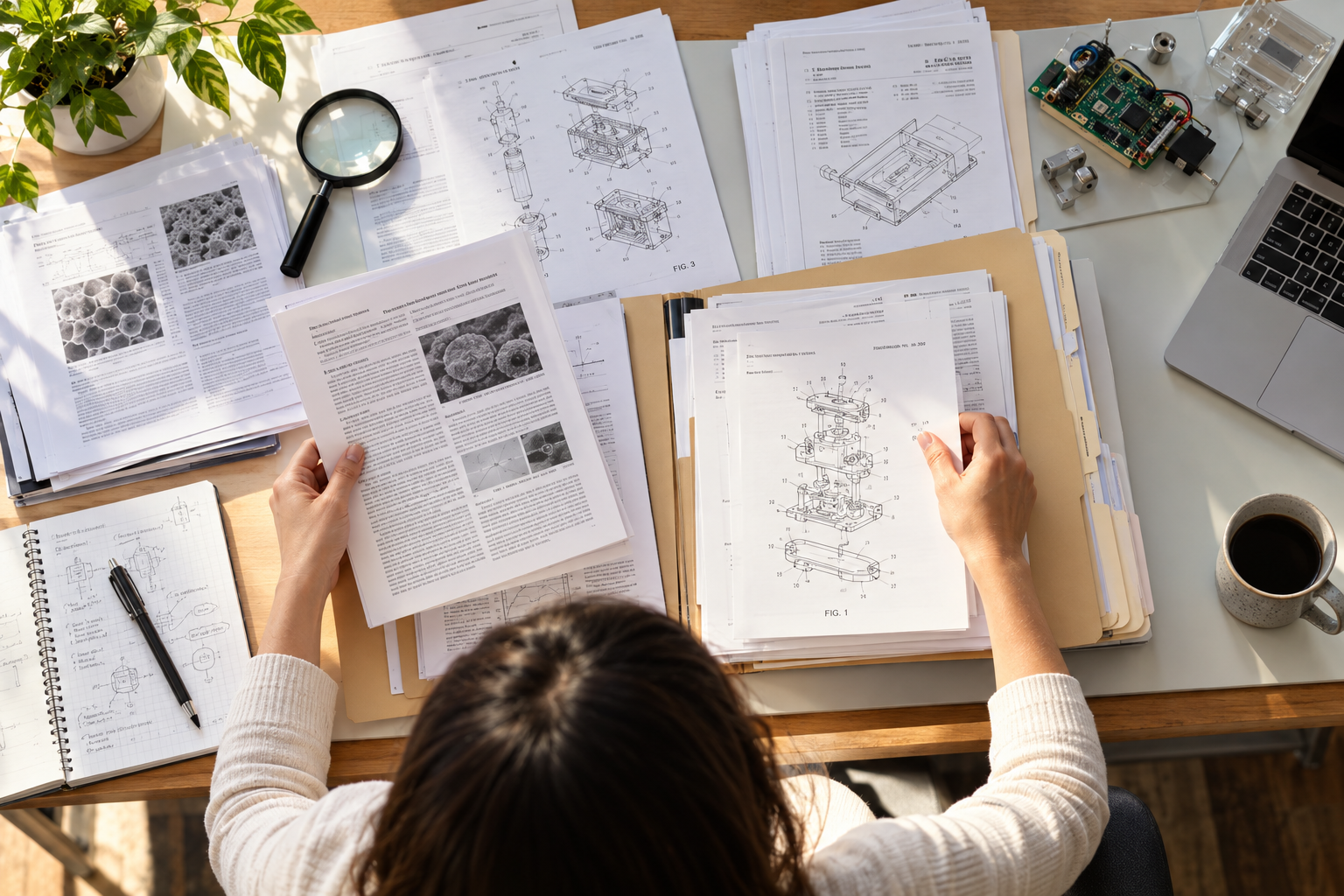 A patent professional sorting prior-art journal pages, patent drawings and references into an orderly submission folder at a bright drafting desk, magnifying glass and a small electronic prototype nearby