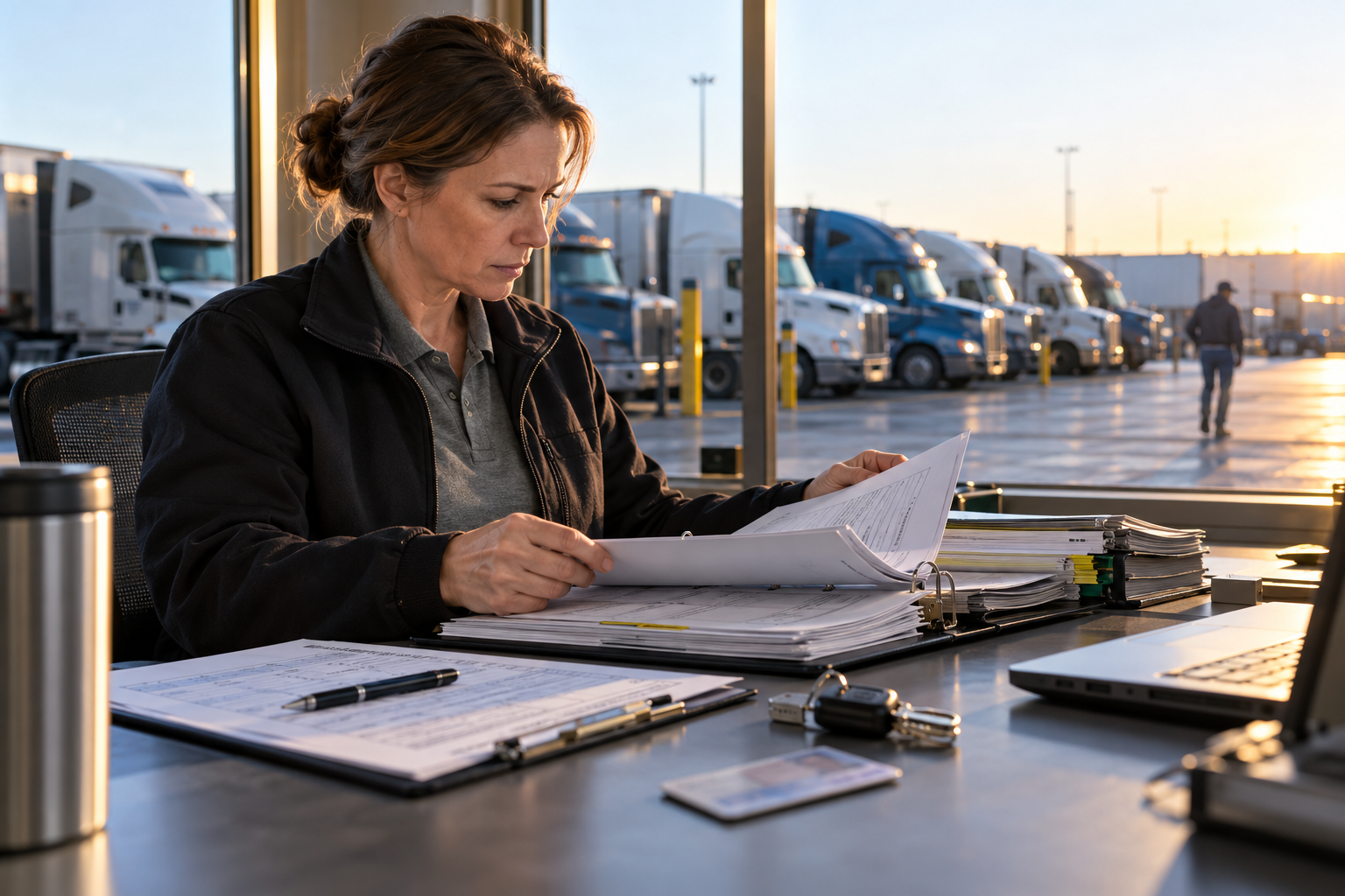 A trucking company safety manager examining a driver qualification binder at a depot, commercial license card face down, inspection checklist and truck keys on desk, a row of commercial trucks visible through the office glass