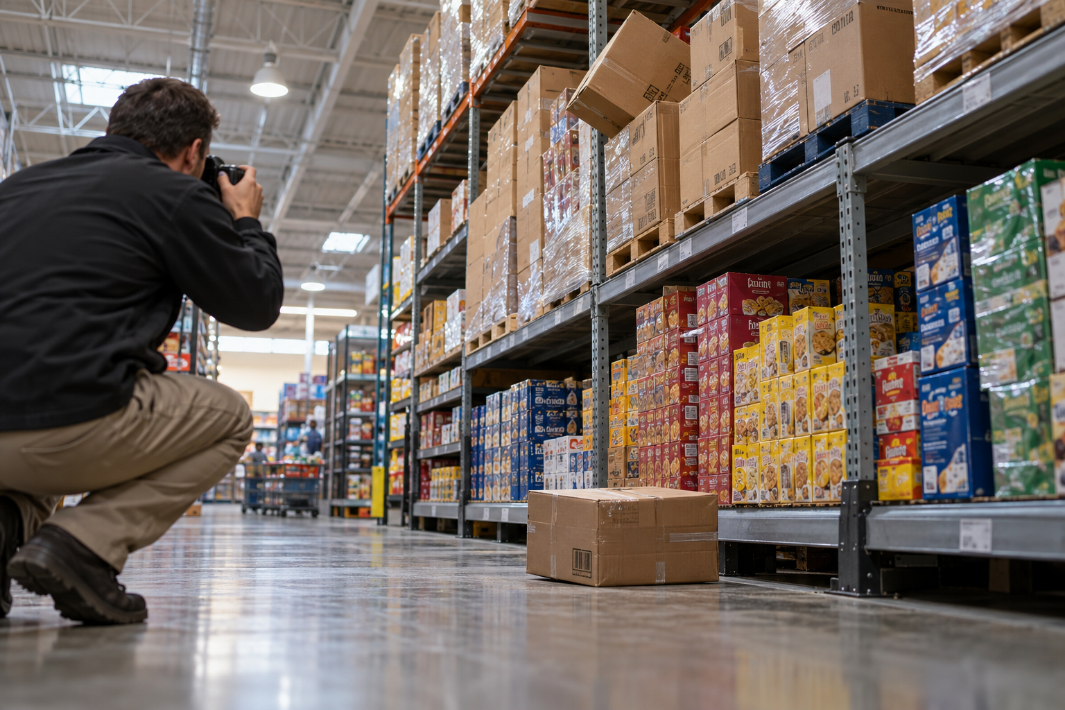 A retail warehouse aisle with an unstable-looking high shelf of boxed merchandise and one cardboard box on the floor below, a store investigator photographing the display from a safe distance