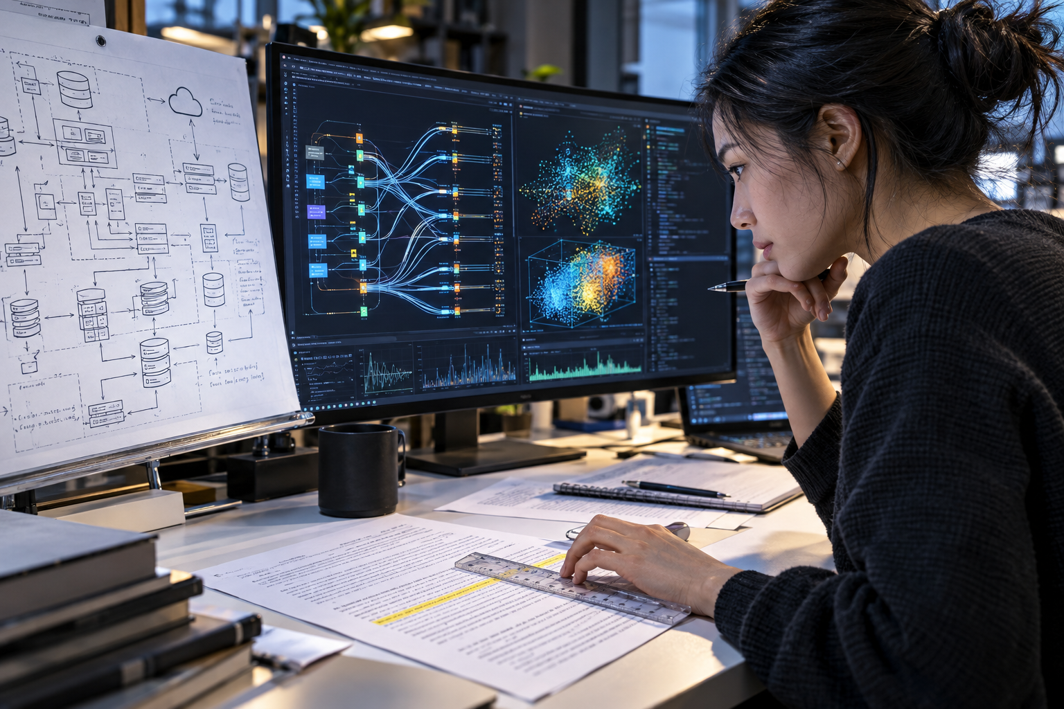 An inventor at a software engineering workstation with a detailed systems architecture sketch beside a monitor showing abstract algorithm visualizations, one precise claim paragraph on paper singled out with a transparent ruler