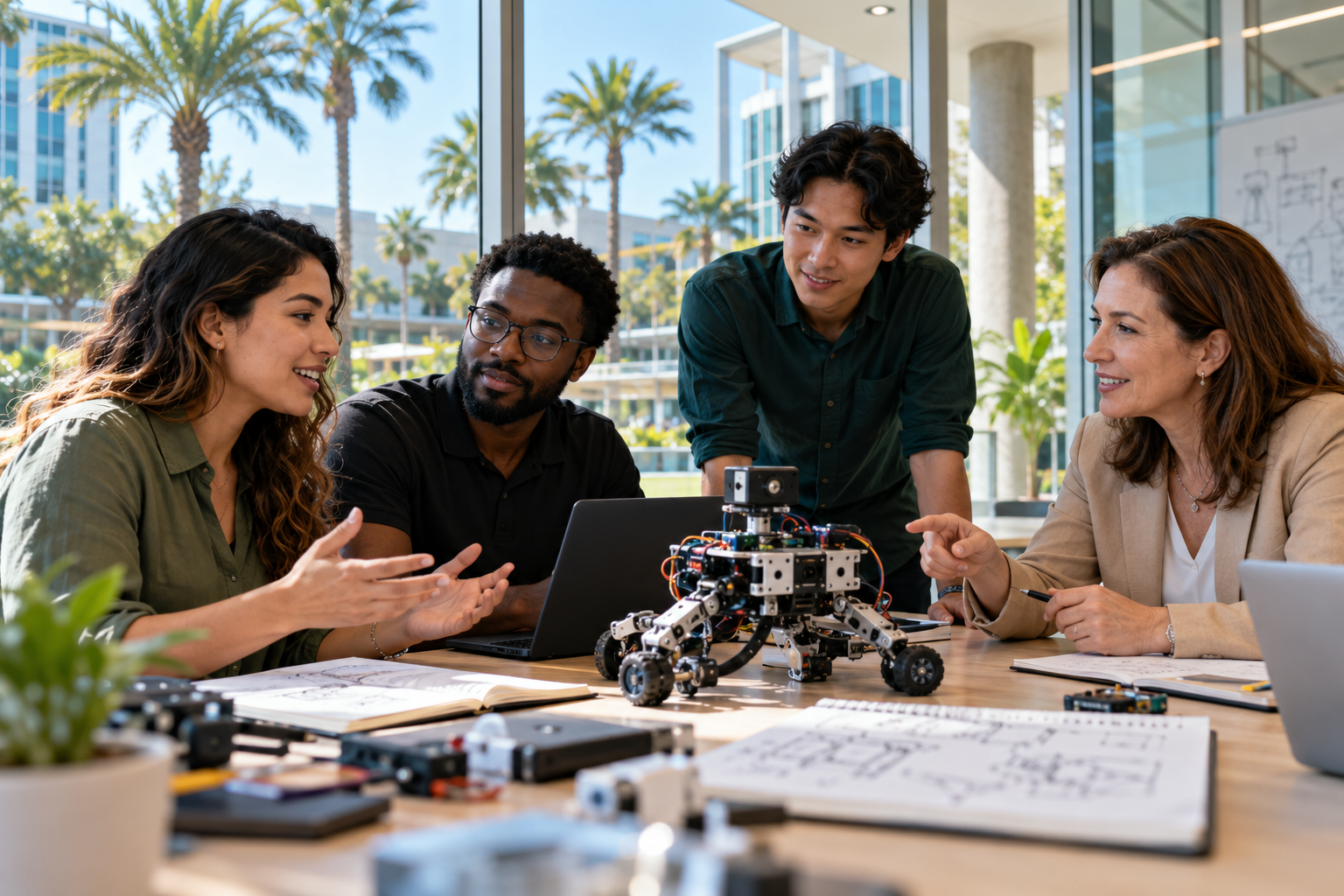 A welcoming inventor outreach consultation in a contemporary Florida university research-park meeting room, diverse entrepreneurs discussing an original small robotics prototype with an IP adviser, palm trees and modern campus architecture outside