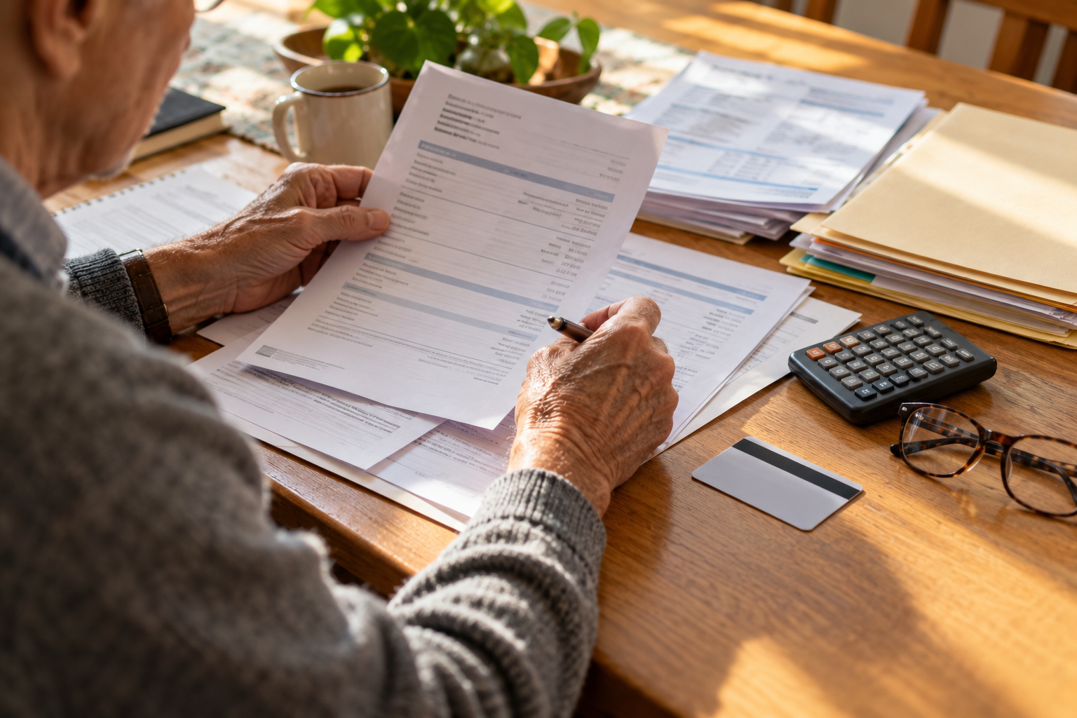 Close still life of an older adult reviewing injury-settlement paperwork beside a generic health-benefits card face down, medical invoices, calculator, reading glasses and a neatly separated repayment folder