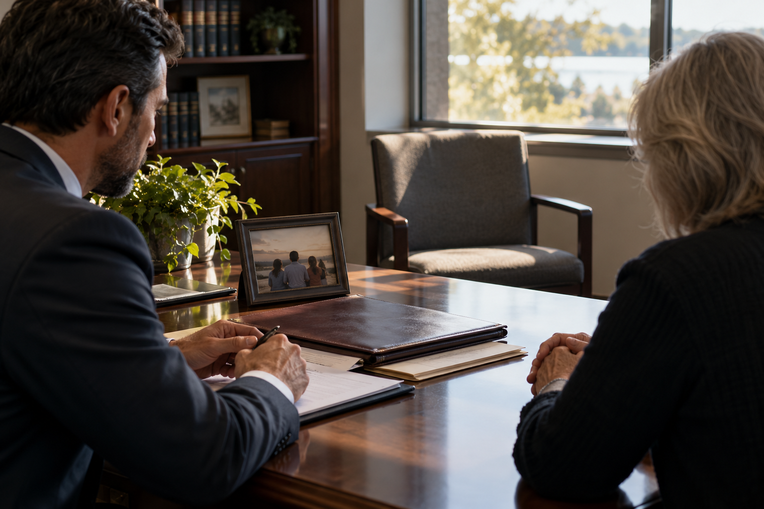 A family representative meeting a lawyer in a quiet office, an empty chair by the window, a closed medical file and estate documents on the table, hands resting calmly near a framed family photograph turned away from camera