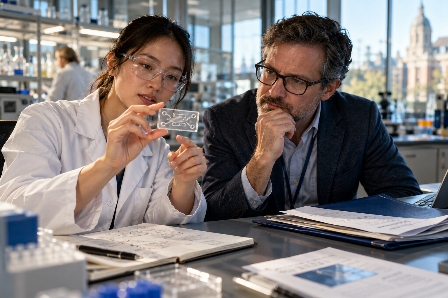 A university research scientist and technology-transfer adviser examining a novel microfluidic chip at a laboratory meeting table, research grant folder, invention notebook and licensing papers nearby