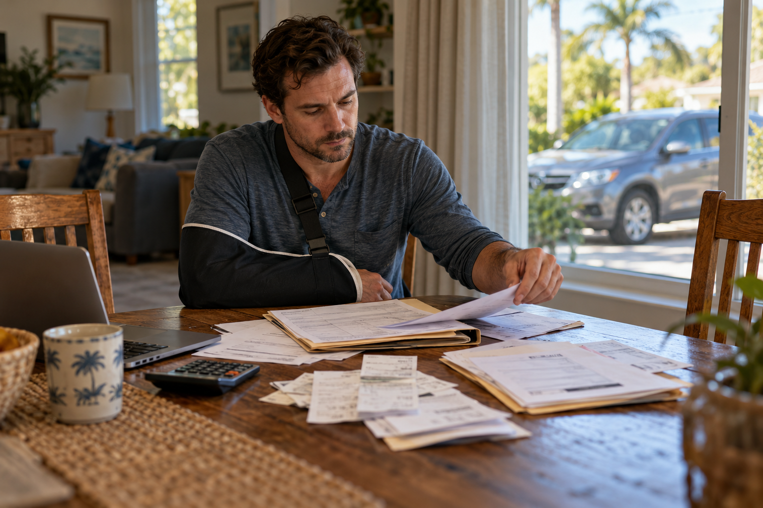 An injured Florida worker with a modest arm sling at a dining table sorting medical expenses, a wage statement, household-service receipts and auto insurance paperwork into one central folder