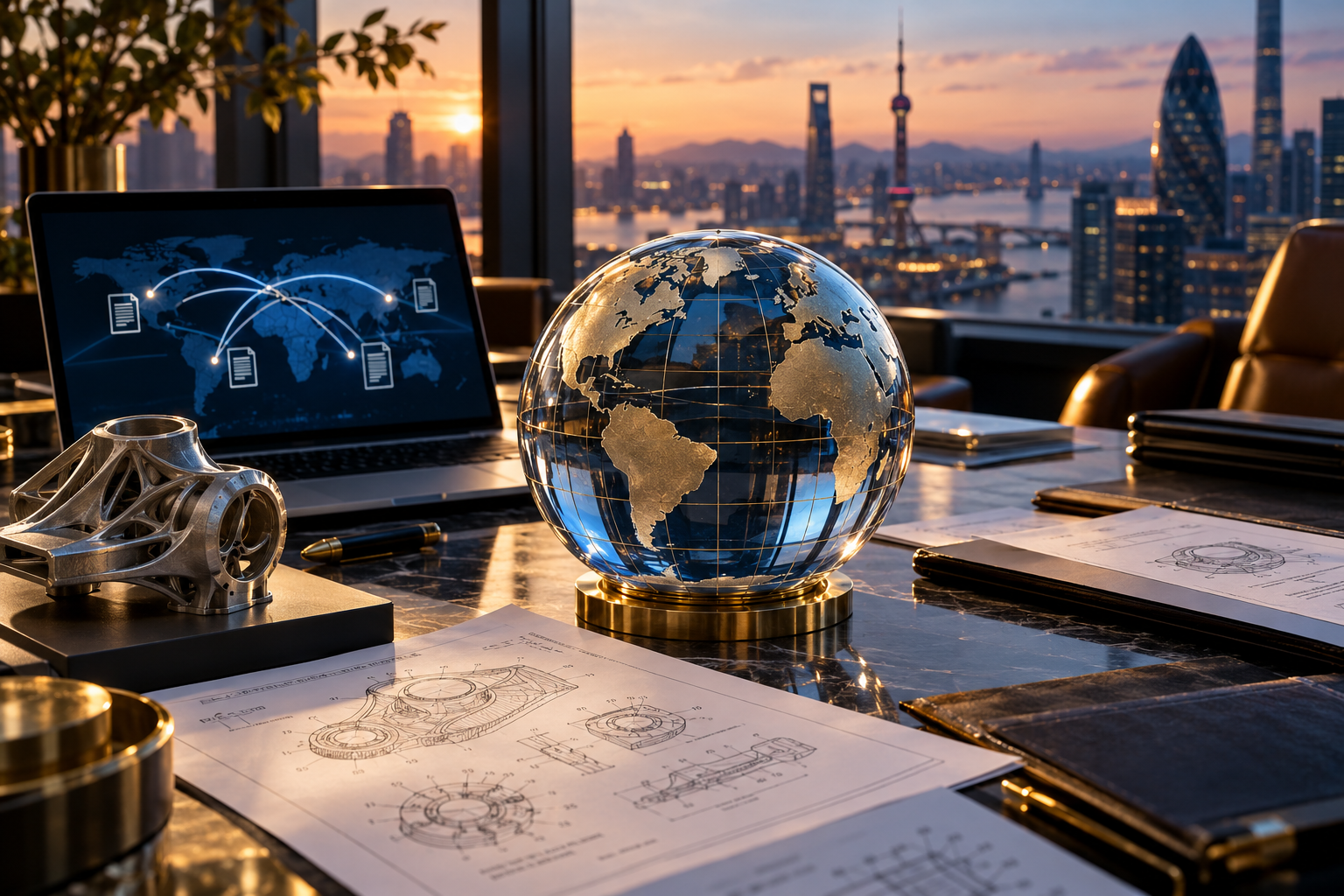 A sculptural glass globe on an international IP transaction desk surrounded by patent drawing sheets, an original product prototype and a laptop showing an abstract cross-border document transfer interface