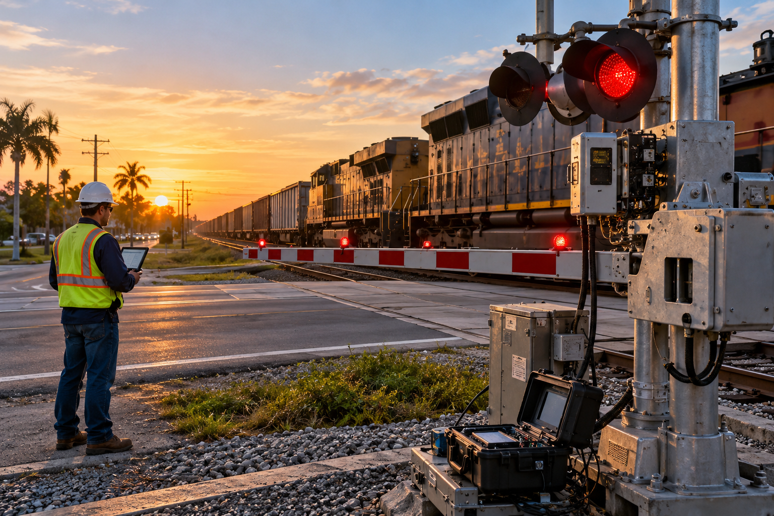 A Florida railroad crossing at dawn with the red-and-white gate fully lowered, freight train passing safely in middle distance, warning light mechanism and event-data inspection equipment sharply focused in foreground