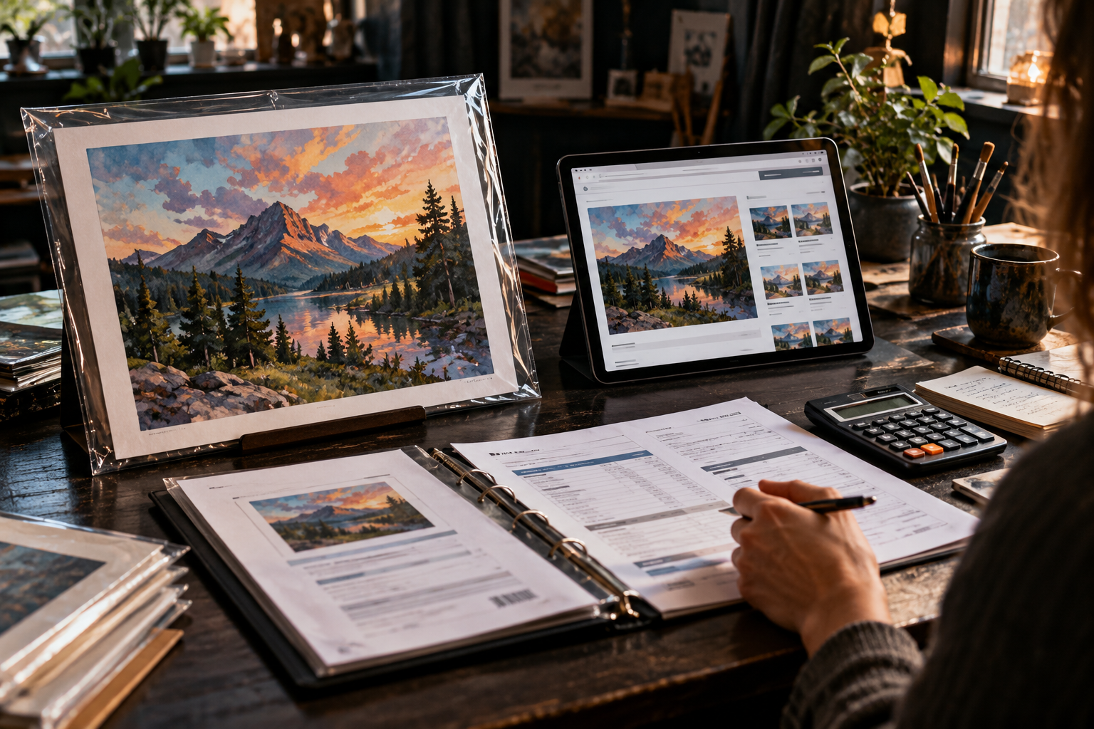An artist's original landscape print in a protective sleeve beside a tablet showing an unauthorized duplicate within an abstract online storefront, invoices, licensing records and calculator on the same studio desk