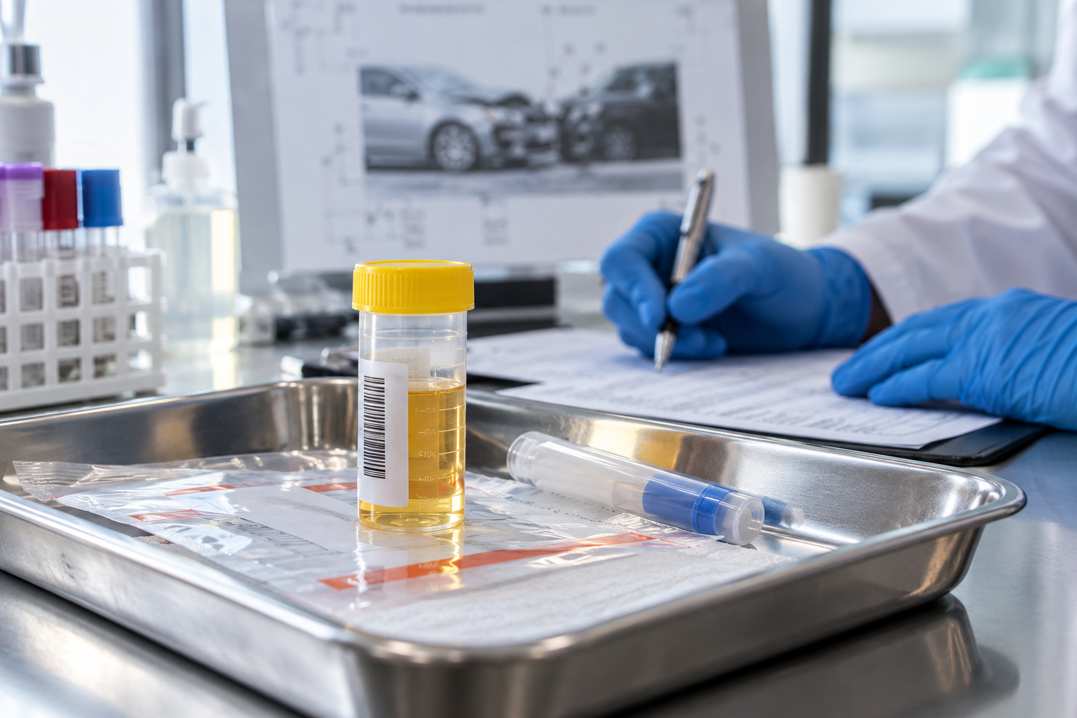 A laboratory toxicology sample vial sealed on an evidence tray beside a careful lab report, a clinician's gloved hand and timing notes softly visible, neutral clinical setting with a distant blurred car incident diagram