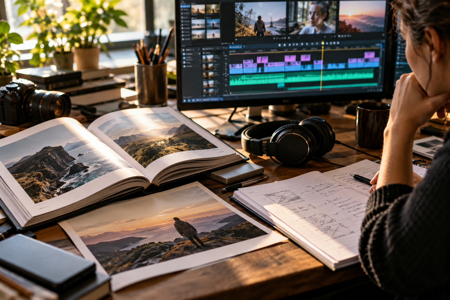 A documentary editor's creative workspace: open reference book, annotated script, an original photograph, headphones and a monitor showing an abstract editing timeline with several distinct source clips