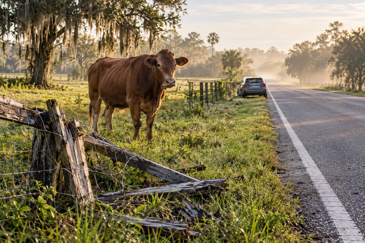 A large brown cow standing on the grassy shoulder beside an empty rural Florida road, visibly damaged fence in foreground and a stationary car safely pulled over farther down the road, morning mist and pasture light