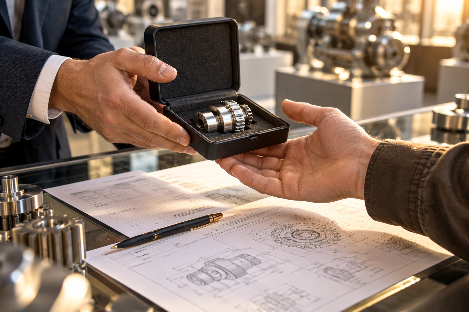 An authorized industrial sale completed at a clean machinery showroom: buyer's hand receiving a small patented mechanical component in an open case, a receipt and technical drawing beneath it, seller's hand releasing the case