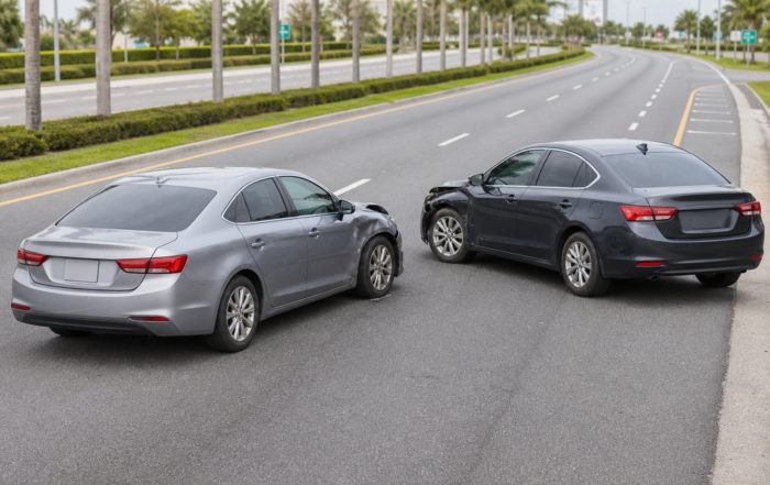 U-turn accident claim scene with two unbranded cars stopped on a Florida boulevard