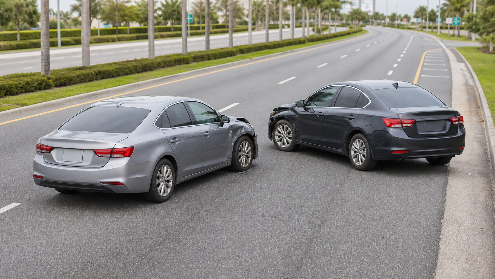 U-turn accident claim scene with two unbranded cars stopped on a Florida boulevard