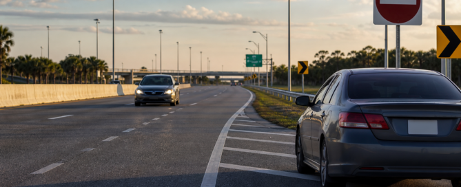 Wrong-way vehicle and stopped car on a divided Florida roadway
