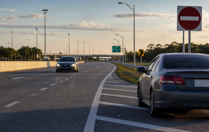 Wrong-way vehicle and stopped car on a divided Florida roadway
