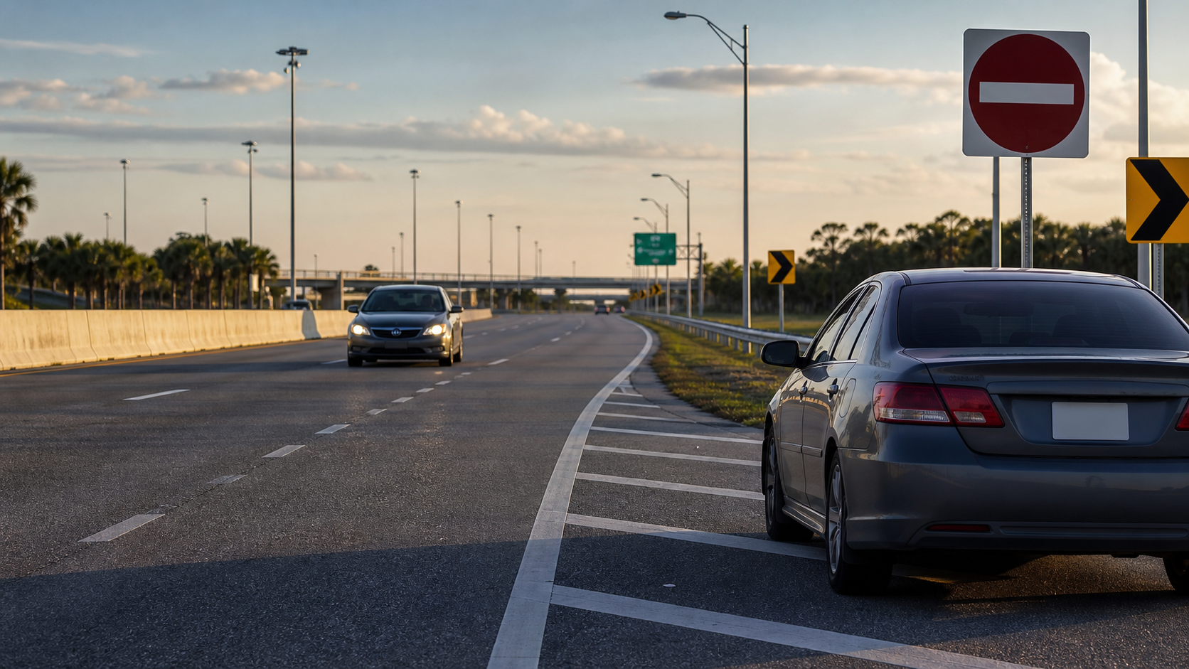 Wrong-way vehicle and stopped car on a divided Florida roadway