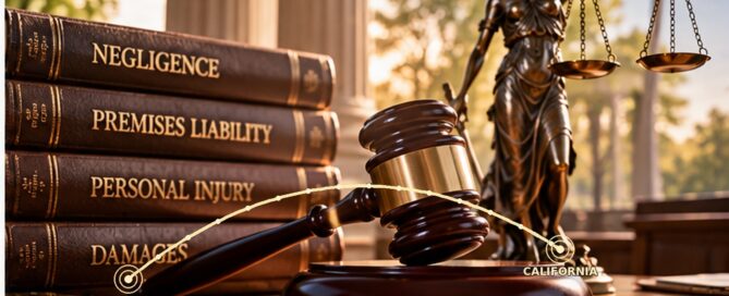 Judge's gavel, law books, and scales with a route marked from Texas to California illustrating transfer of a patent case.