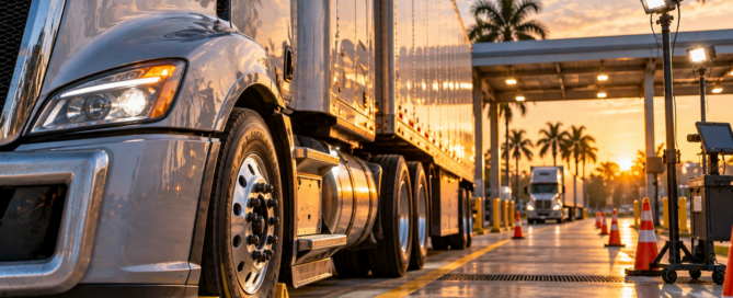 Commercial semi-truck stopped in a Florida roadside inspection lane for a safety inspection