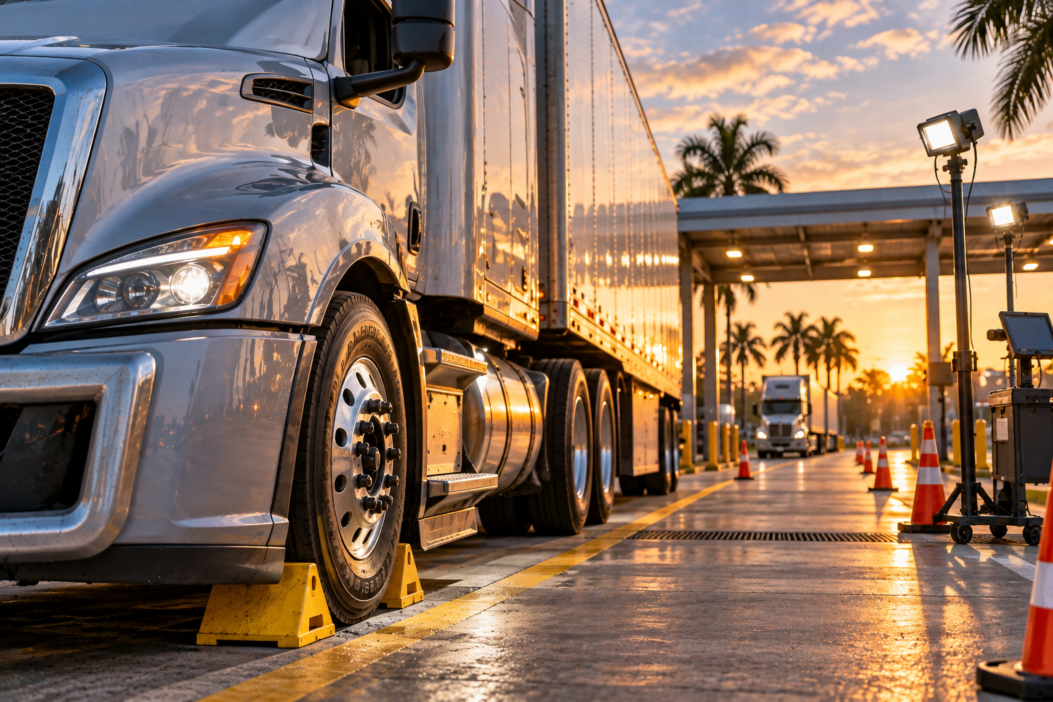 Commercial semi-truck stopped in a Florida roadside inspection lane for a safety inspection