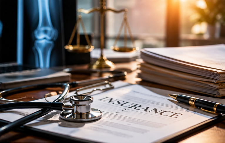 Medical insurance paperwork and stethoscope beside an X-ray and scales, representing a Florida workers compensation lien in a personal injury settlement.