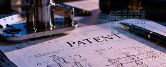 Photographic engineering workbench with patent drawings and a blue digital semiconductor-circuit overlay, illustrating trade secret and patent ownership disputes.