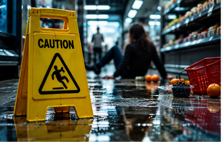 A wet supermarket aisle with a yellow warning sign, grocery cart, and reflections on the floor, illustrating slip-and-fall evidence preservation.