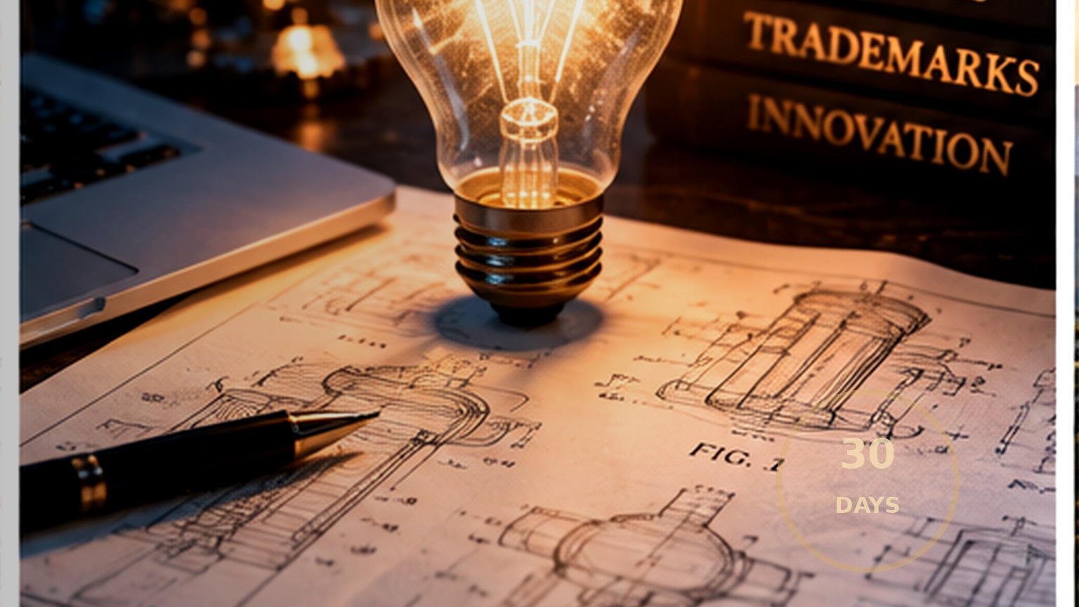 Original warm editorial image of trademark books and patent drawings with a 30-day deadline stamp, illustrating a trademark opposition filing deadline.