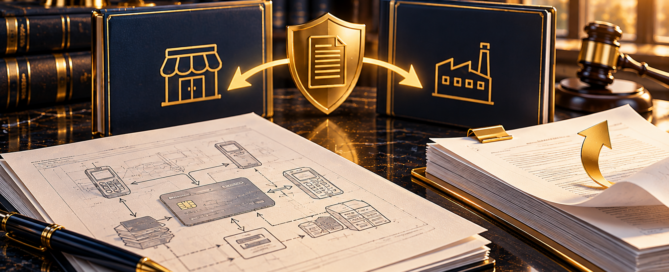 Patent gift-card system documents beside supplier and retailer contract folders with an indemnity shield, illustrating AlexSam v. Simon
